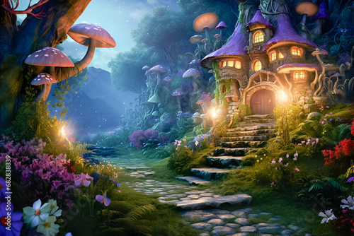 Magical forest with a hut