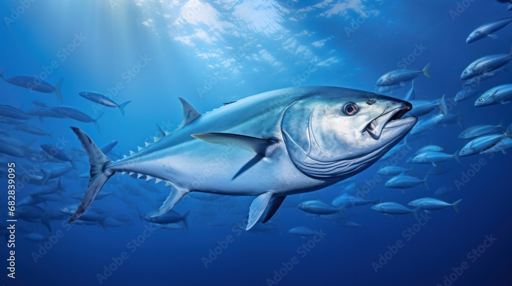 Naklejka premium School of Amberjack Swimming in Azure Waters