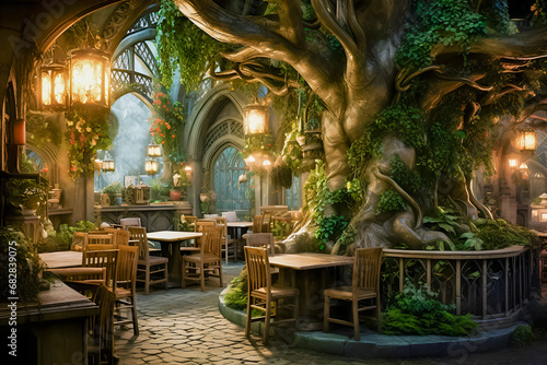 Fantasy elvish tavern with tree photo
