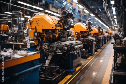 Interior of an empty modern factory workshop. Rows of complex modern machines with automated program control. Metalworking shop. Modern industrial enterprise.