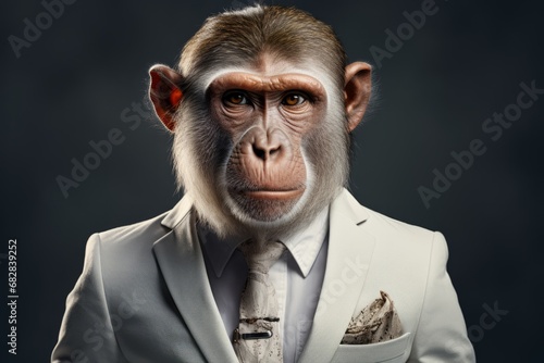 A Monkey in a Sophisticated Suit and Tie. A monkey dressed in a suit and tie