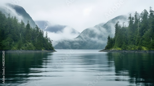 Southeast Alaska's Inside Passage Enveloped in Foggy Mist During Early Morning in Misty Fjords National Monument photo