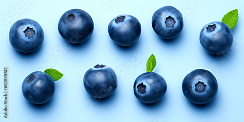 Dark purple fresh blueberry fruit On a blue background, there is space and a beautiful perspective.