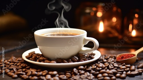 Coffee cup and coffee beans filled with steming latte.UHD wallpaper