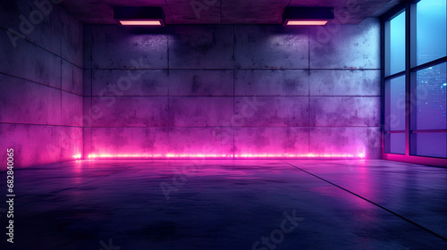 Sky-fi background of an empty room. Concrete walls, neon lighting