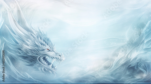 Snow dragon on blue abstract icy frozen background. Copy space. Close-up.