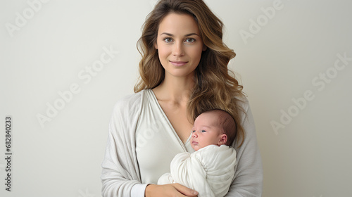 mamma con neonato in fasce in braccio su sfondo grigio chiaro vuoto, concetto di amore e maternità, formato banner , spazio per testo photo