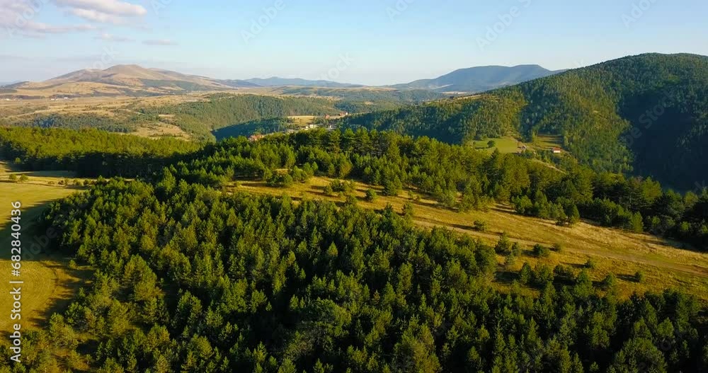Aerial nature countryside landscape flight over picturesque mountains forests meadows Aerial nature countryside landscape flight over picturesque mountains forests meadows