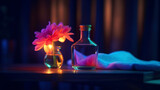 Dark background spa procedures, massage. Orchid, candle and oil on a wooden tabletop