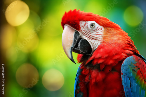 Close-up beautiful macaw in tropical forest. Generative AI. © pomiti
