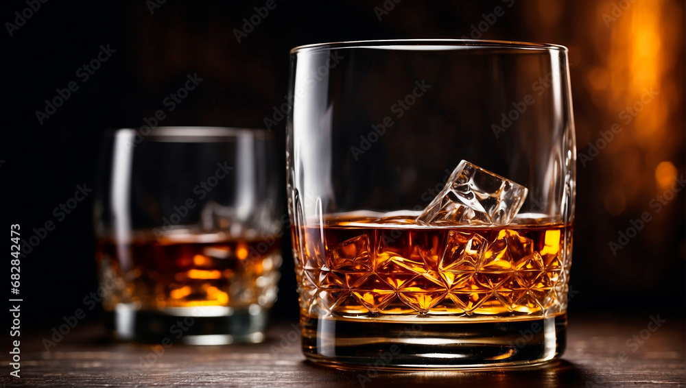 Glass glass with an exquisite whiskey drink of many years of aging, with a unique aroma and amber color. Glass glass with an exquisite whiskey drink of many years of aging, with a unique aroma and amber color.