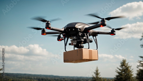 A groundbreaking drone transports attached parcels in a pioneering delivery system. Generative AI photo