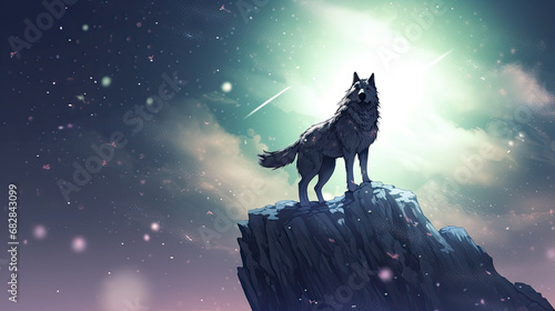  wolf standing on top of a mountain against the night sky, digital art style, illustration painting, silhouette wolf © Planetz