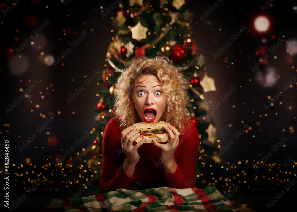 a girl in a Christmas sweater, against the backdrop of a decorated New Year tree, eats a burger with shocked emotions a girl in a Christmas sweater, against the backdrop of a decorated New Year tree, eats a burger with shocked emotions