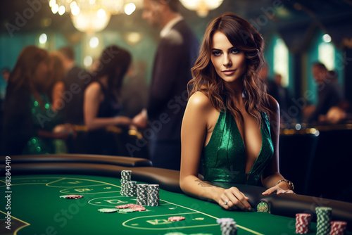 Casino, beautiful young girl in a green dress. Banner concept for casino, poker, gambling, croupier, website header, gambling, luxury style, baccarat. Casino winning poster photo