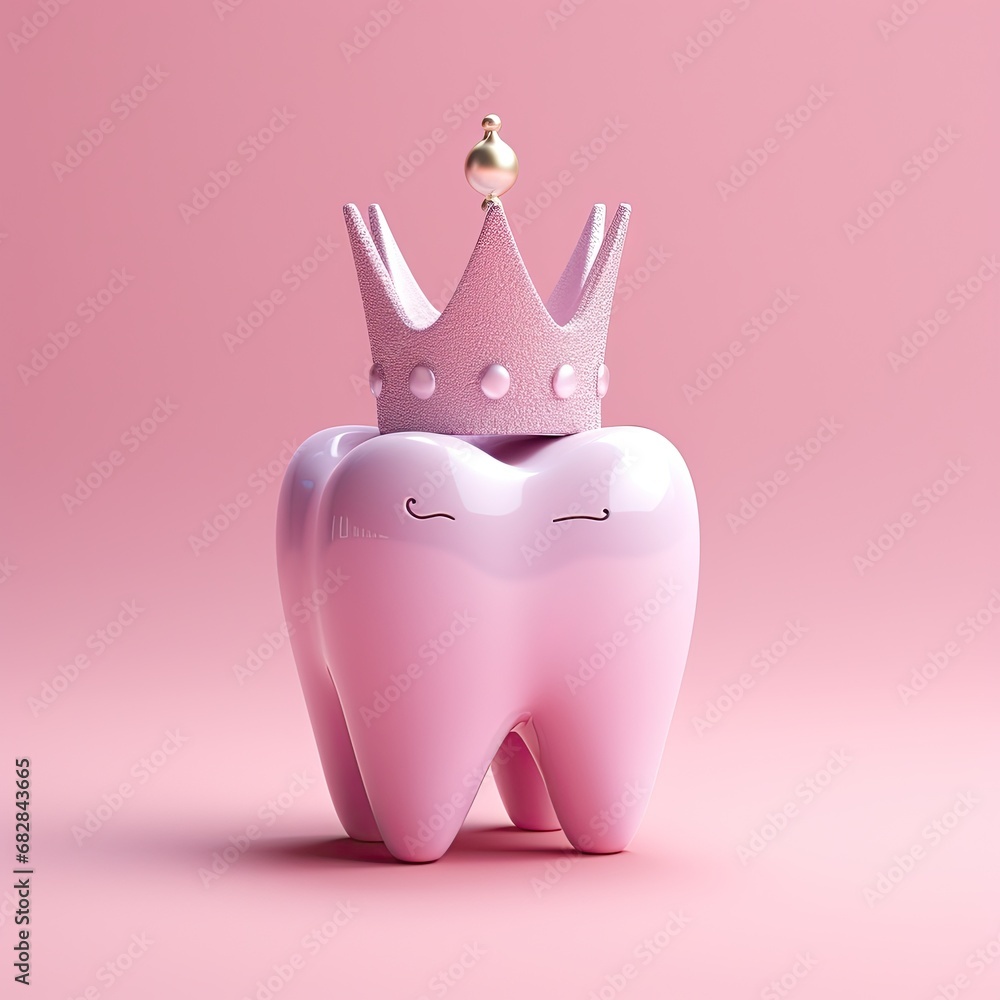 Pink ceramic shining tooth king with crown, 3d cartoon style