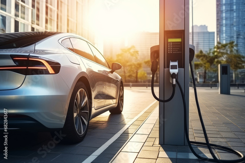 Innovative electric vehicle parked at charging station in a street of modern city. Technological advancement in rechargeable EV using alternative clean and sustainable energy.