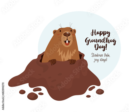 Cute joyful animal groundhog looks out of hole. Holiday card Happy Groundhog Day. February 2. Vector illustration.