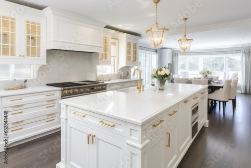 Interior of modern luxurious kitchen classic style. White cabinets with gilded handles, kitchen island with white marble countertop, built-in home appliances, golden pendant lights.