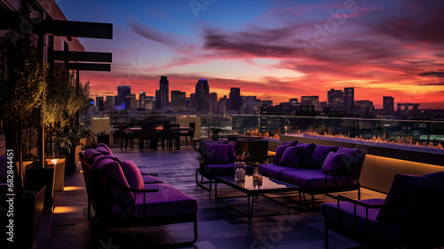 Urban Elegance: Capture the essence of urban luxury nightlife with a photograph of a high-end rooftop lounge, aglow with city lights