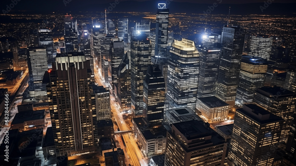 Cityscape from Above: Take a bird's-eye view of the city at night, emphasizing the architectural beauty and sophistication that defines the luxury nightlife