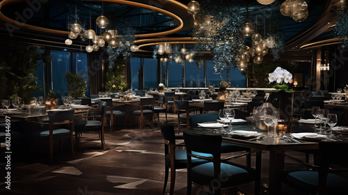 Culinary Extravaganza: Showcase the artistry of luxury dining in the night, with a visually stunning display of gourmet dishes and ambient restaurant lighting