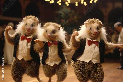 Well-balanced scene of hedgehogs having a hoedown, showcasing their comical dance moves and spiky charm on the dance floor. photo