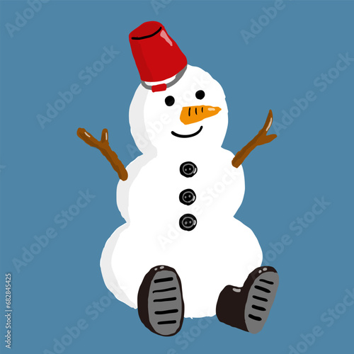 赤いバケツをかぶったニンジンの鼻の雪だるま