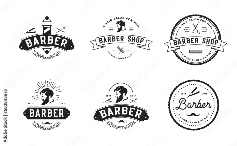 Barber logo design, vintage drawing style, hair cut salon  studio branding illustration. modern black and white style, shaving man tools.
