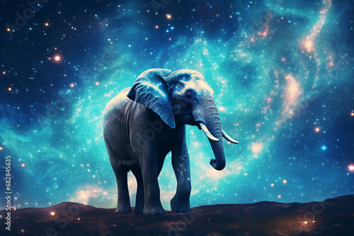 A one-of-a-kind depiction of an elephant traversing a galactic landscape, with swirling nebulae and cosmic wonders in the background.