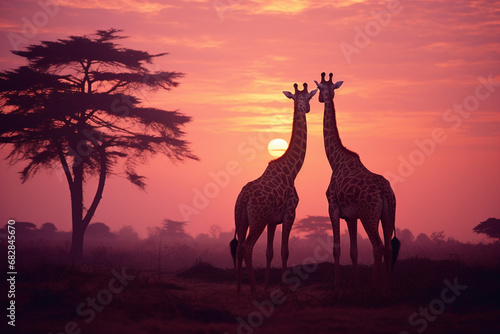 A balanced and captivating scene featuring giraffes silhouetted against a surreal sunset  blending natural elegance with artistic allure.