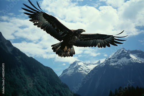 A distinctive scene capturing the enigma of a falcon soaring over majestic mountain peaks, with a blend of realism and artistic allure. © Oleksandr