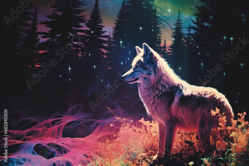 A distinctive illustration featuring a wolf in the aurora-lit wilderness, where the mystical lights dance across the night sky. © Oleksandr