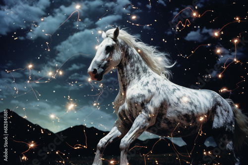 An original portrayal of a horse formed by constellations in a star-studded night sky  merging the natural and celestial realms.