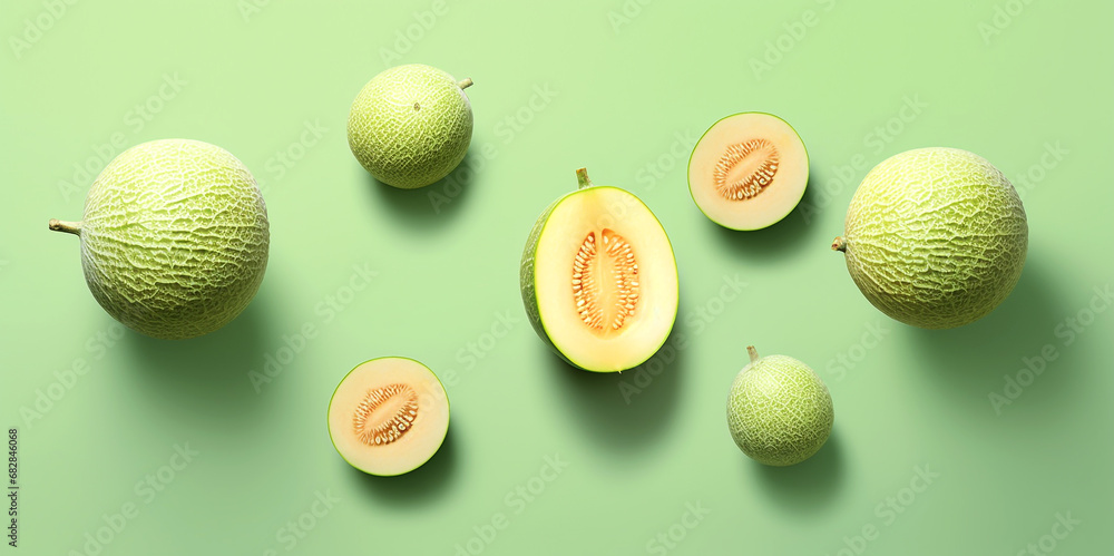 Cantaloupe arranged in an orderly manner On a green background, there is space, a beautiful view. Cantaloupe arranged in an orderly manner On a green background, there is space, a beautiful view.
