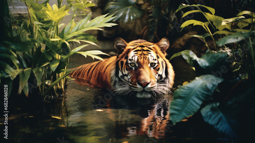 A distinctive scene capturing the regal beauty of a tiger in a lush oasis, with vibrant foliage and a serene water reflection.