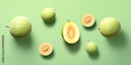 Cantaloupe arranged in an orderly manner On a green background, there is space, a beautiful view. photo