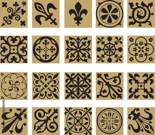 Vector gold and black set of ancient Roman ornament elements. Classic European parts of patterns. Lilies and crowns..