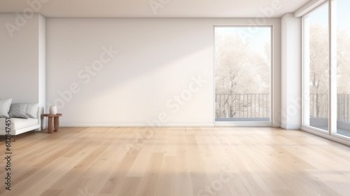 Interior of modern minimalist living room. White empty walls, hardwood floor, white sofa, wooden coffee table, large floor-to-ceiling windows. Mock up.