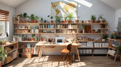 Wallpaper Mural Interior of cozy empty classroom. Light blue walls with map and posters, wooden floor, wooden desks, many shelves with textbooks, globes, indoor plants. Children's learning and communication concept. Torontodigital.ca