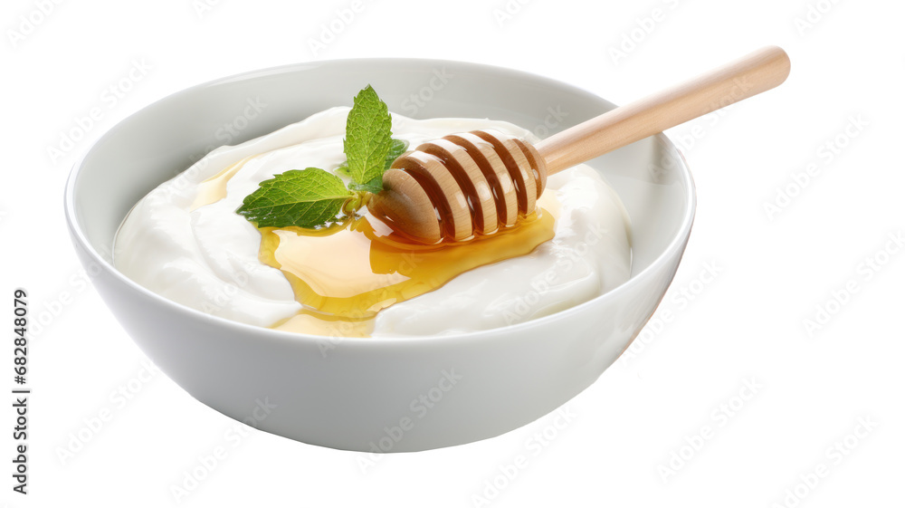 Turkish yogurt with honey in a bowl with wooden honey dipper, isolated - obrazy, fototapety, plakaty 