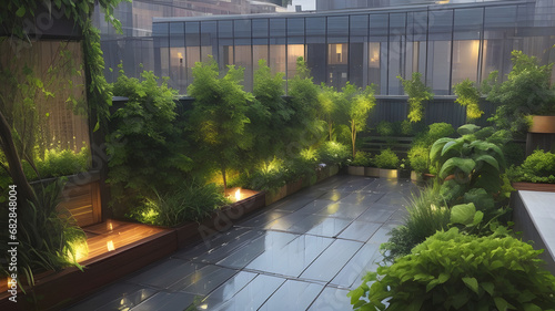 A rooftop garden raindrops glistening