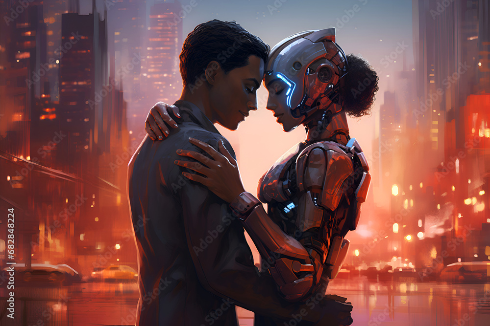 Human-Robot Romance. Future love concept. Love between robot and human. National hug day or love day. Sci-Fi City Affection with Man and Robot Embracing. Futuristic Valentine's day banner