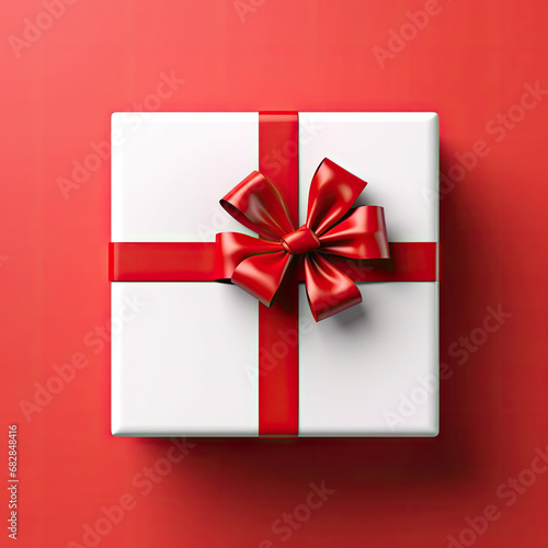  Blank white gift box open or top view with red ribbon bow isolated on dark red background with shadow minimal conceptual 3D rendering  © Planetz