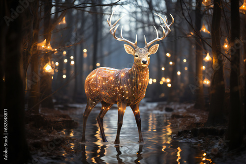 Christmas festive deer covered in glowing lights in a winter scene