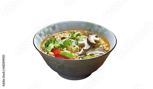 Ramen with vegetables in a bowl, Asian food, Korean food, Japanese food served in a bowl on a white background