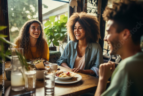 Group of young smiling friends having breakfast in a restaurant