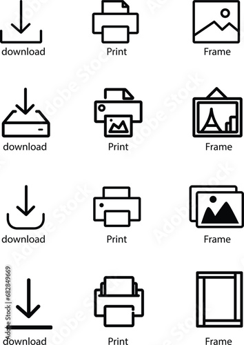 instant download set of icons - download, print and frame icons. Vector illustrations in modern style. To arrange listings or selling art prints as instant downloads. photo