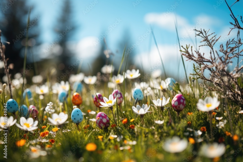 Playful and Bright Easter Egg Hunt in a Lush Spring Meadow