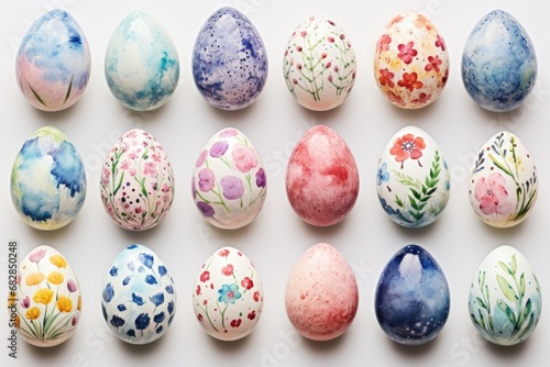 Watercolor painted Easter eggs, artistic and delicate, ideal for backgrounds